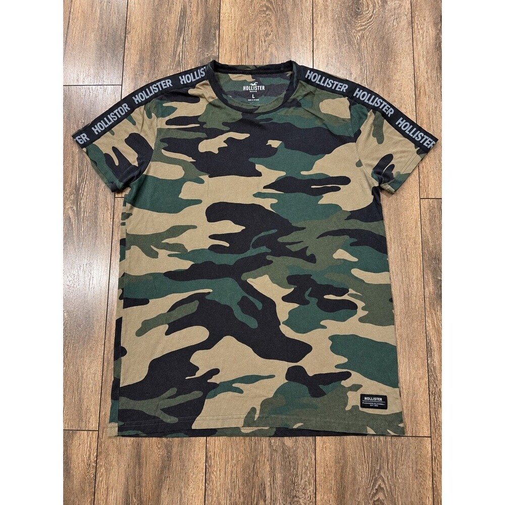 Hollister Men's L Green Camo T-Shirt Logo Tape 100% Cotton Crew Neck Tee